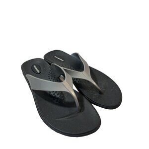 Okabashi USA Maui Sandal Flip-Flop Beach Silver Black Thong Women Large Slip On
